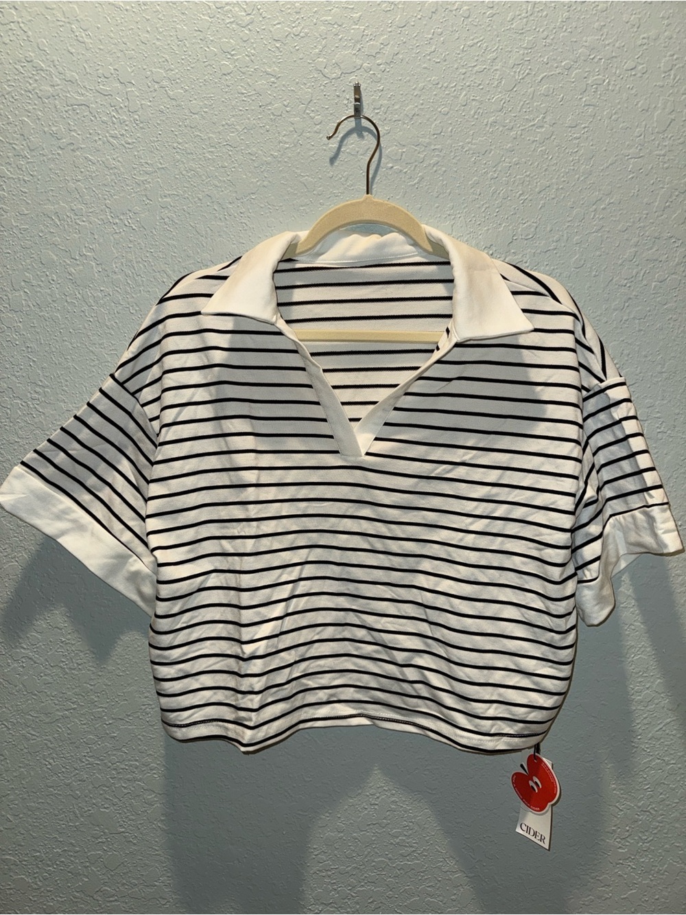 Cider Striped Polo Crop Top - White with Black Stripes